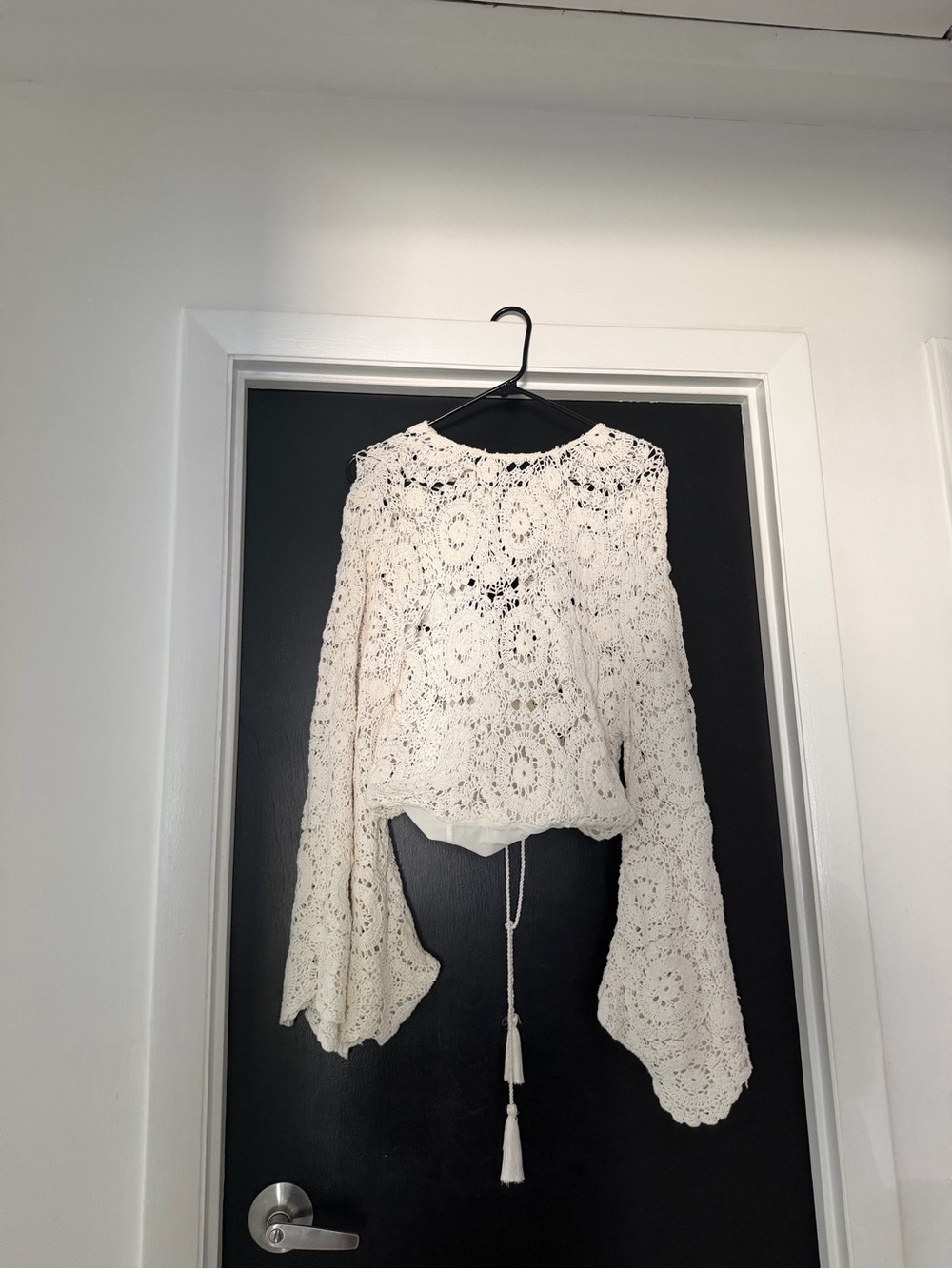 Free People Ivory Crochet Tie-Front Bell Sleeve Top